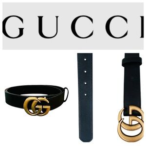 Gucci Black Mammoth Leather Belt with Gold GG Medium Buckle 105/42